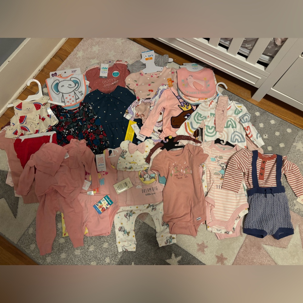 Lot of baby girl clothes and bibs all NWT